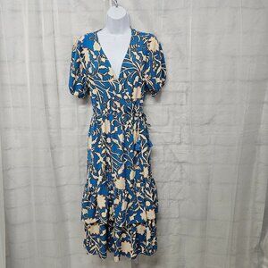 Knox Rose Blue and Cream Floral Midi Dress, Size M
